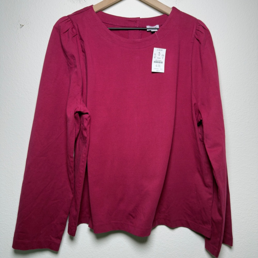 NEW J. Crew Women 100% Cotton Top XL Pink Gold Button Back Puff Shoulder Preppy